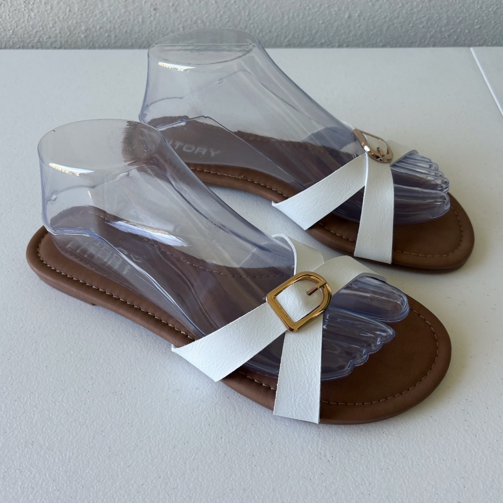 Fitory White Slide Sandals Gold Buckle‎ Size 9 Summer Vacation Beach Cruise